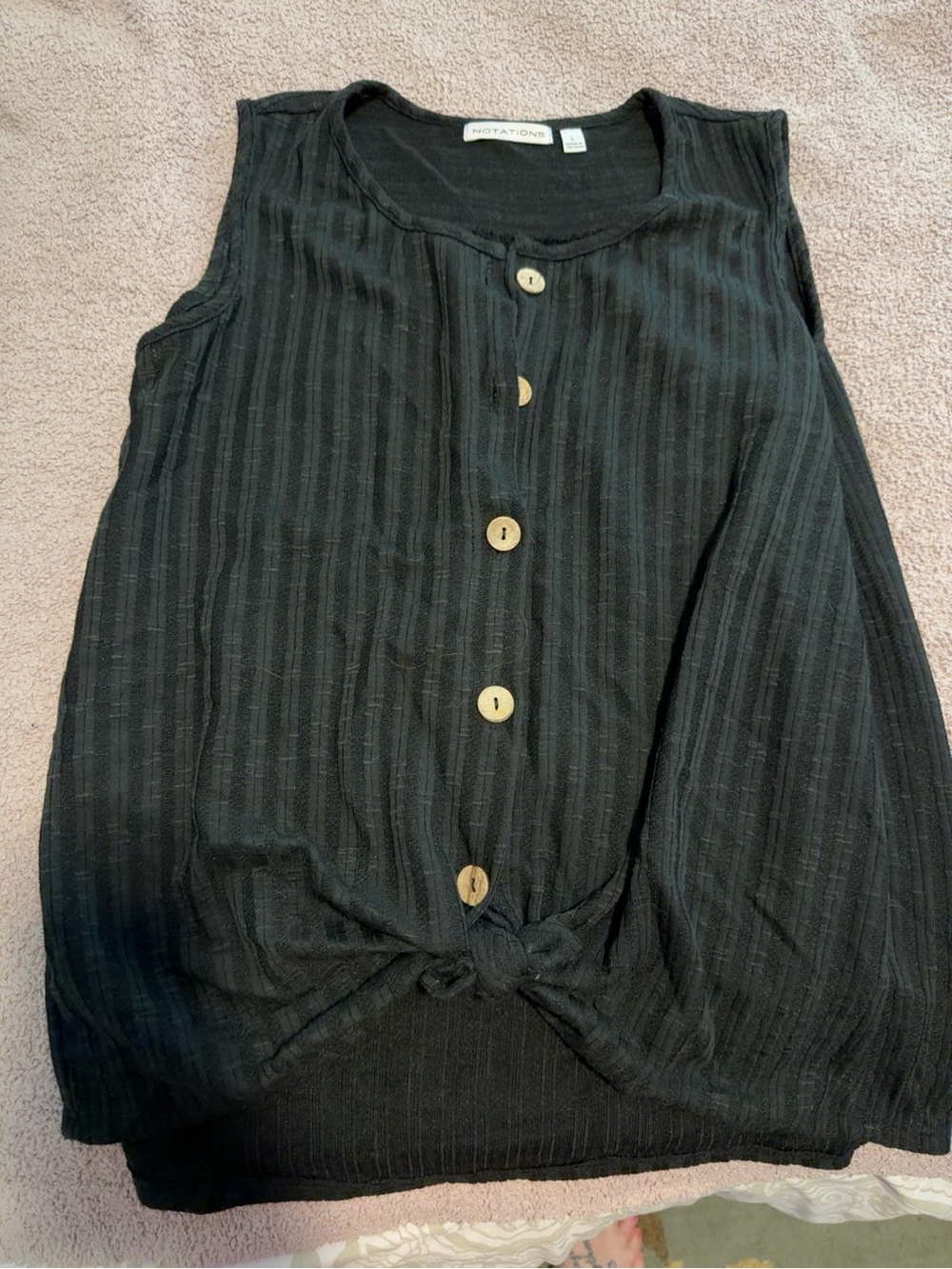 Notations Black Textured Button Front Tie Hem Tank XL